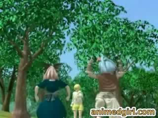 Shemale hentai threesome fucked in the forest