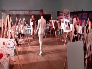 Nikki Schieler Teaching An Art Class Inside A Bustier, Which She Lowers To Reveal Her Breasts As She Chats With Some Chapents. The Class Is Then Dismissed, And 3 Young Men Watch As Nikki Runs The Pang