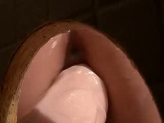 Babe slips on fake cum and falls on boner in a very suspicious toilet